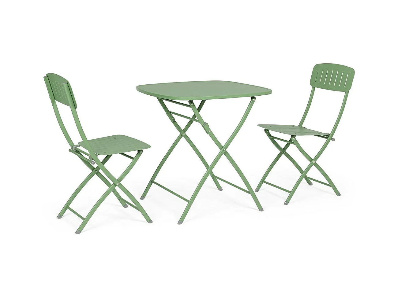 Salbeigrünes Stahlbistro-Set mit Tisch und 2 Stühlen - YVONNE