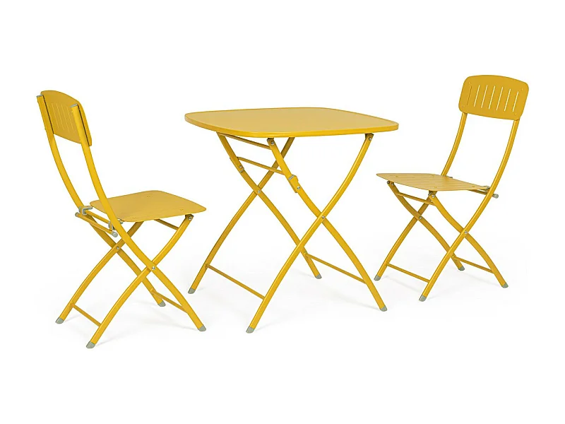 Service de bistrot avec table et 2 chaises en acier jaune ocre - YVONNE