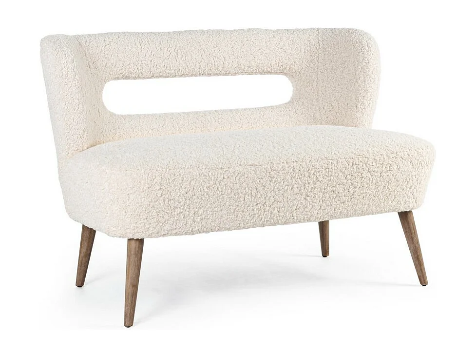 Canapé en tissu blanc effet laine, pieds en bois d'hévéa - CORTINA