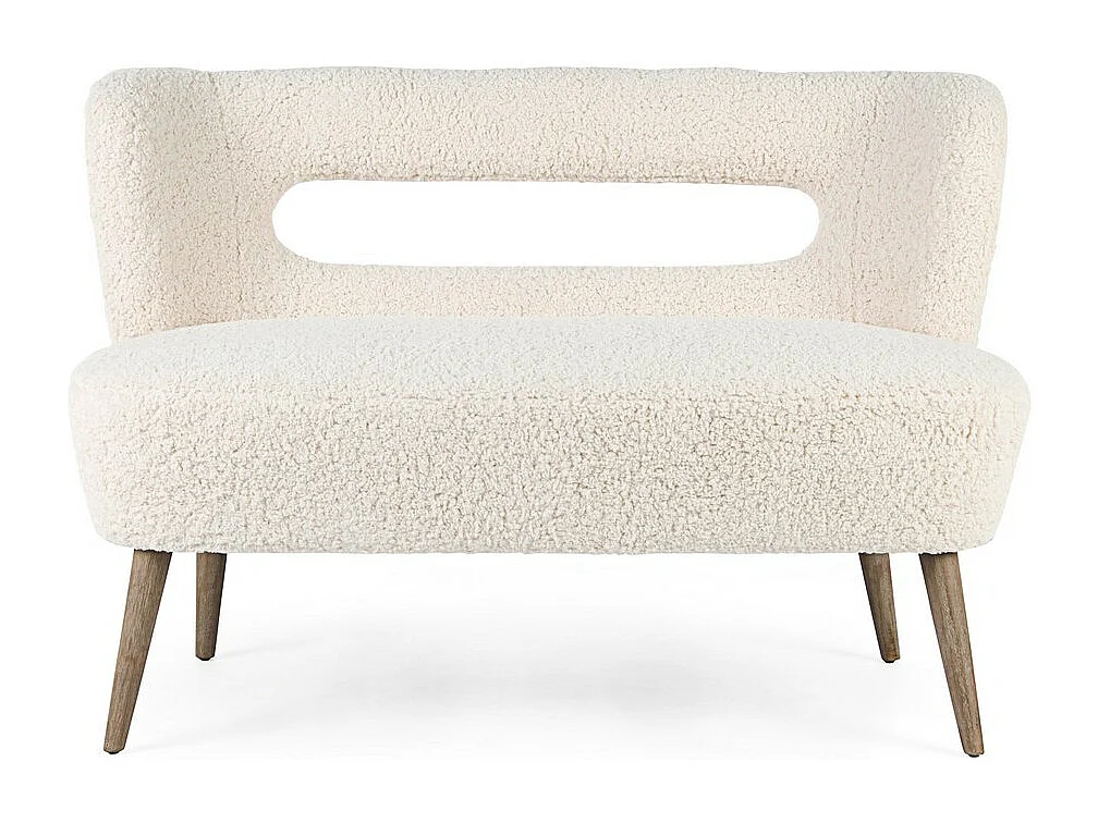 Canapé en tissu blanc effet laine, pieds en bois d'hévéa - CORTINA