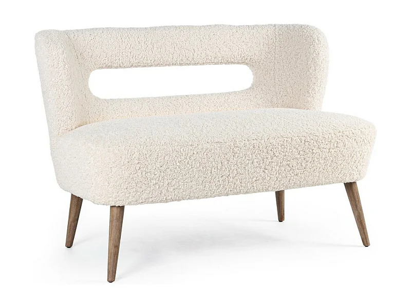 Canapé en tissu blanc effet laine, pieds en bois d'hévéa - CORTINA