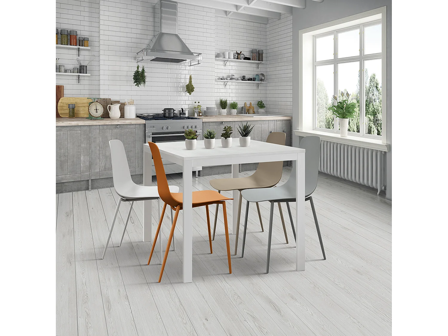 Biały drewniany stół, biała metalowa rama 80x80 - RAVENNA