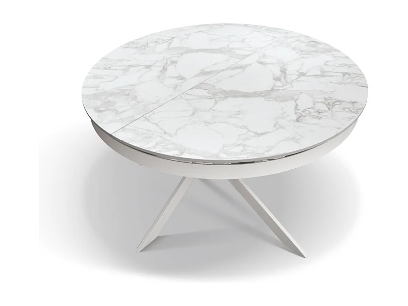 Mesa redonda extensible Ø120, cerámica efecto mármol y base blanca - FILICUDI