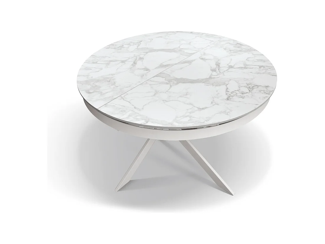 Okrągły stół rozkładany Ø120, ceramika z efektem marmuru i biała podstawa - FILICUDI