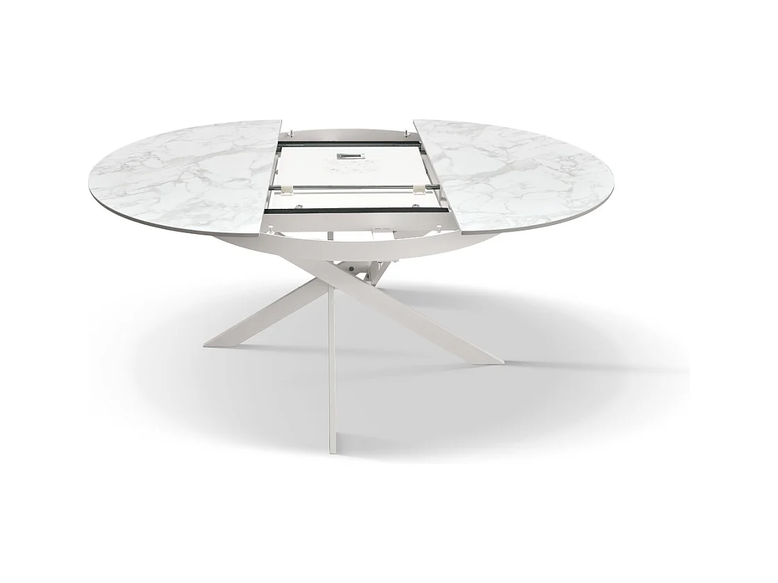 Okrągły stół rozkładany Ø120, ceramika z efektem marmuru i biała podstawa - FILICUDI