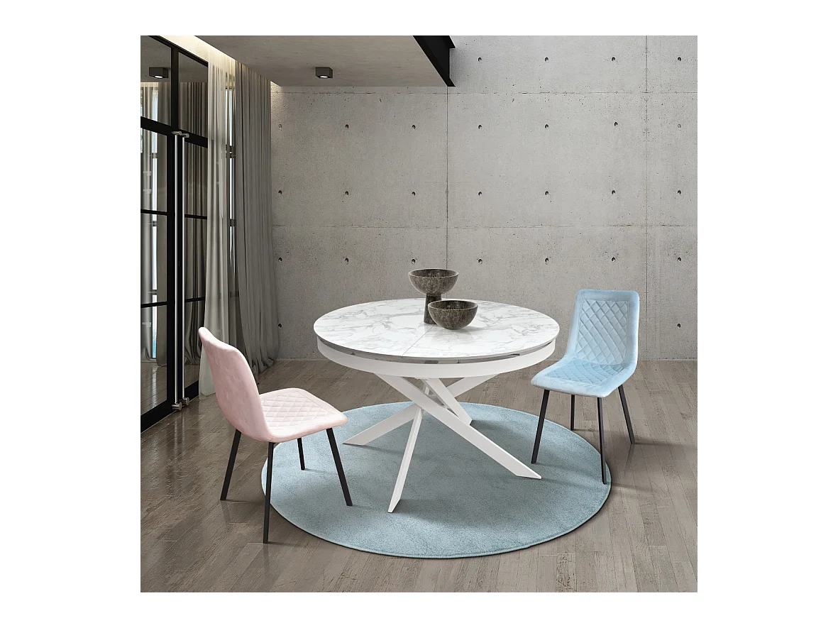Ø120 uittrekbare ronde tafel, keramiek met marmereffect en wit onderstel - FILICUDI