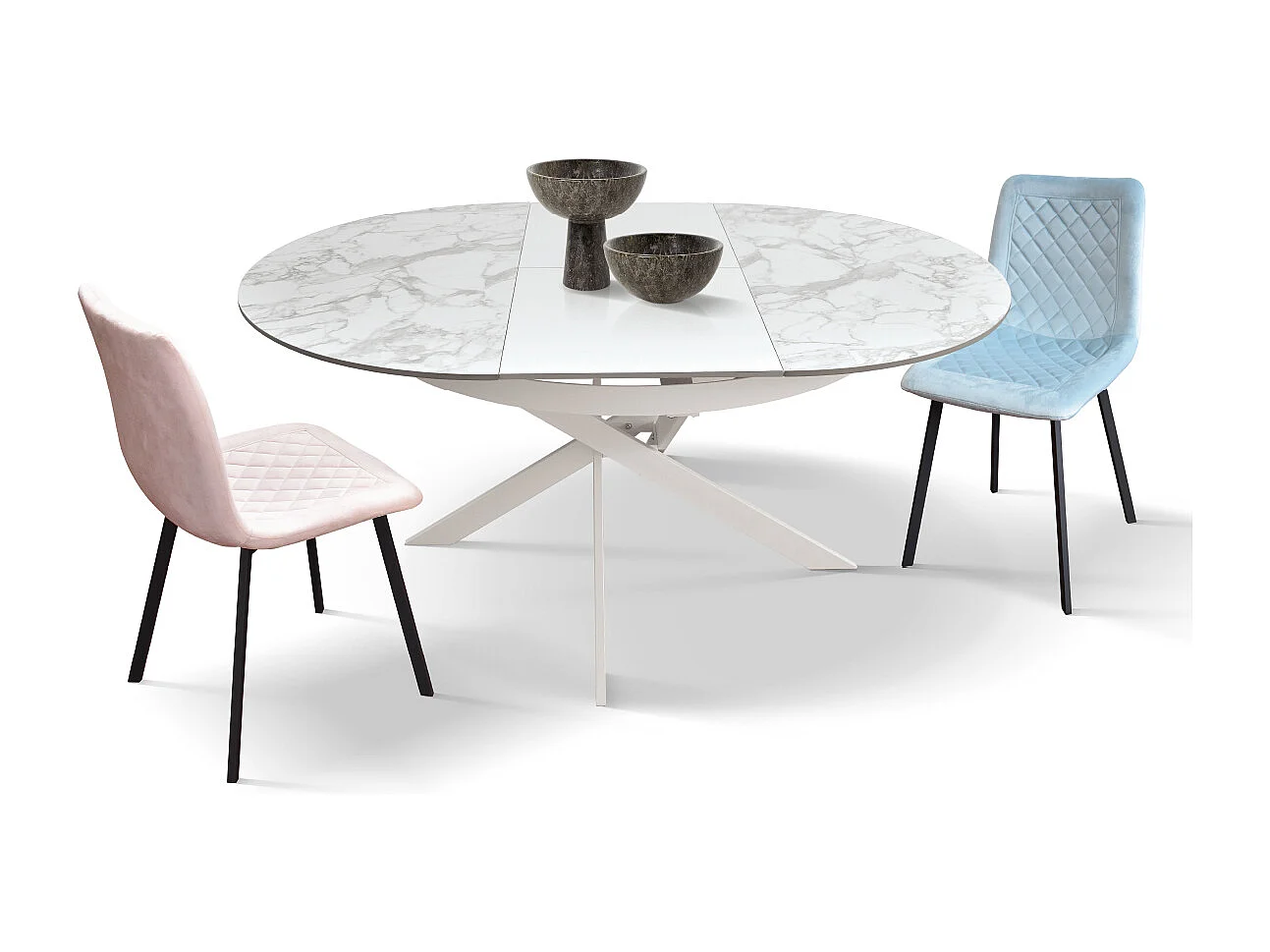 Tavolo rotondo Ø120 allungabile, ceramica effetto marmo e base bianca - FILICUDI