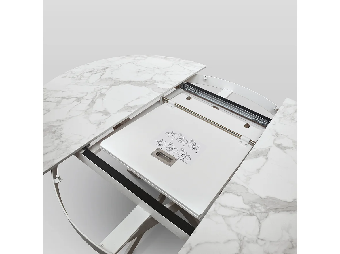 Tavolo rotondo Ø120 allungabile, ceramica effetto marmo e base bianca - FILICUDI