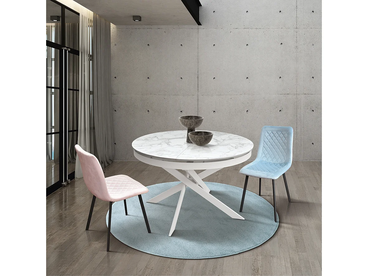 Tavolo rotondo Ø120 allungabile, ceramica effetto marmo e base bianca - FILICUDI