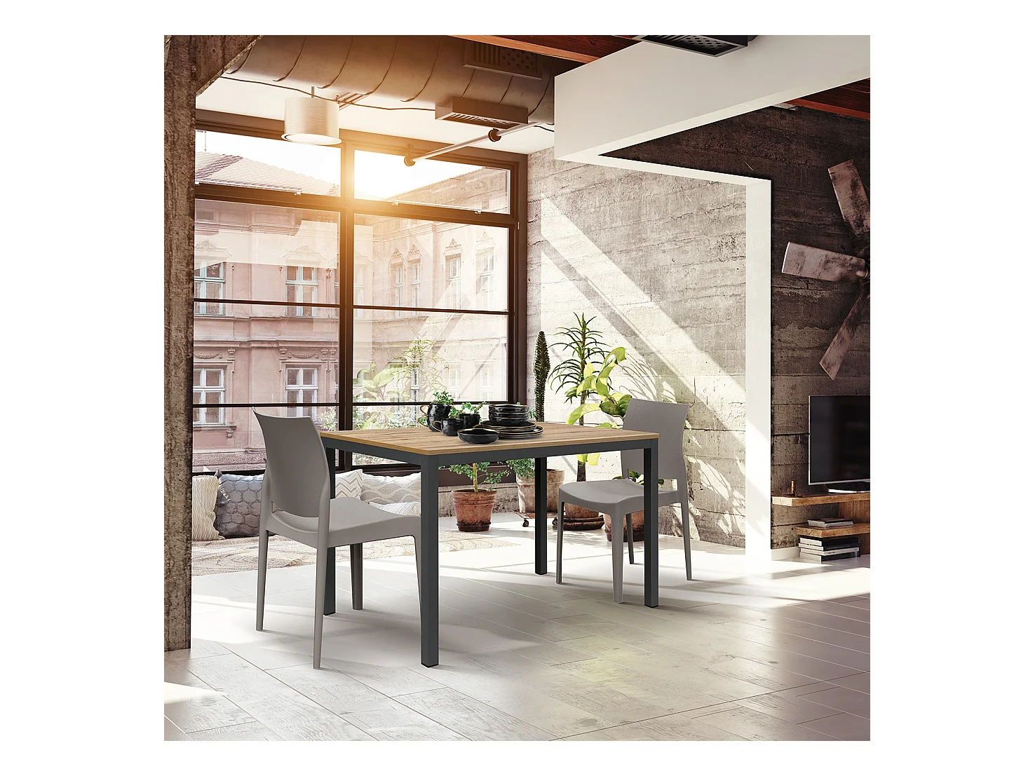 Stół drewniany wykończony dębem, antracytowa metalowa rama 110x68 - RAVENNA