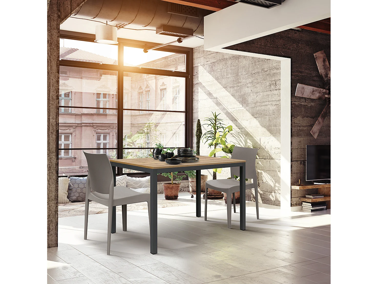 Stół drewniany wykończony dębem, antracytowa metalowa rama 110x68 - RAVENNA