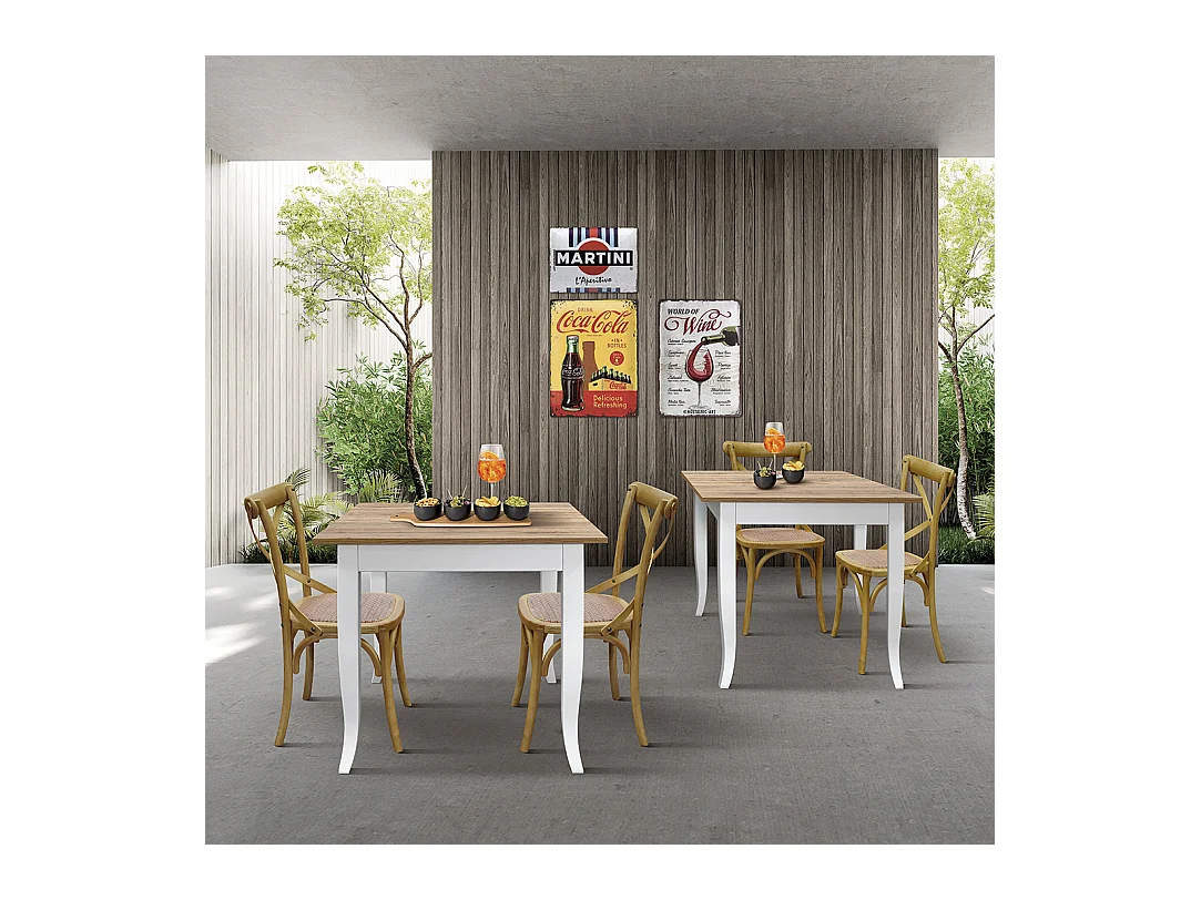 Houten tafel met eiken afwerking en wit houten onderstel 80x80 - RIMINI