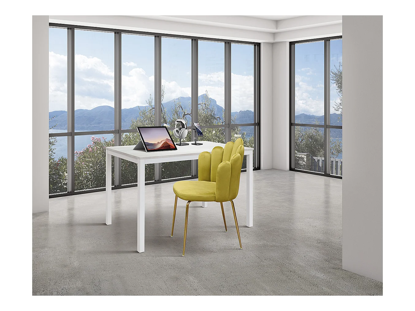 Witte houten tafel, wit metalen frame 110x68 - RAVENNA