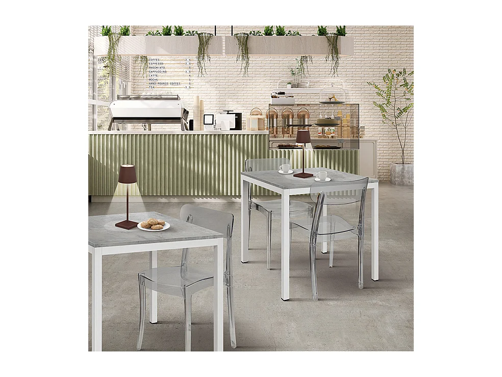 Grau lackierter Holztisch, weißes Metallgestell 80x80 - RAVENNA