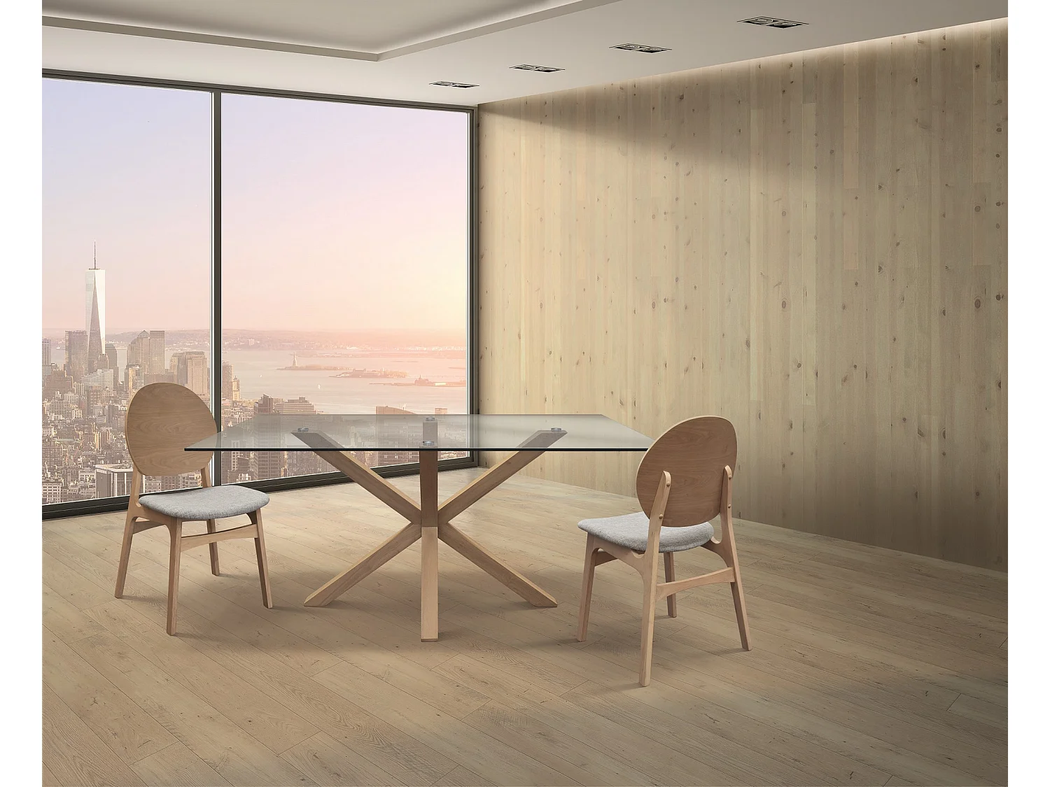 Table en verre transparent et bois naturel, 160x90 cm - SILVER LAKE