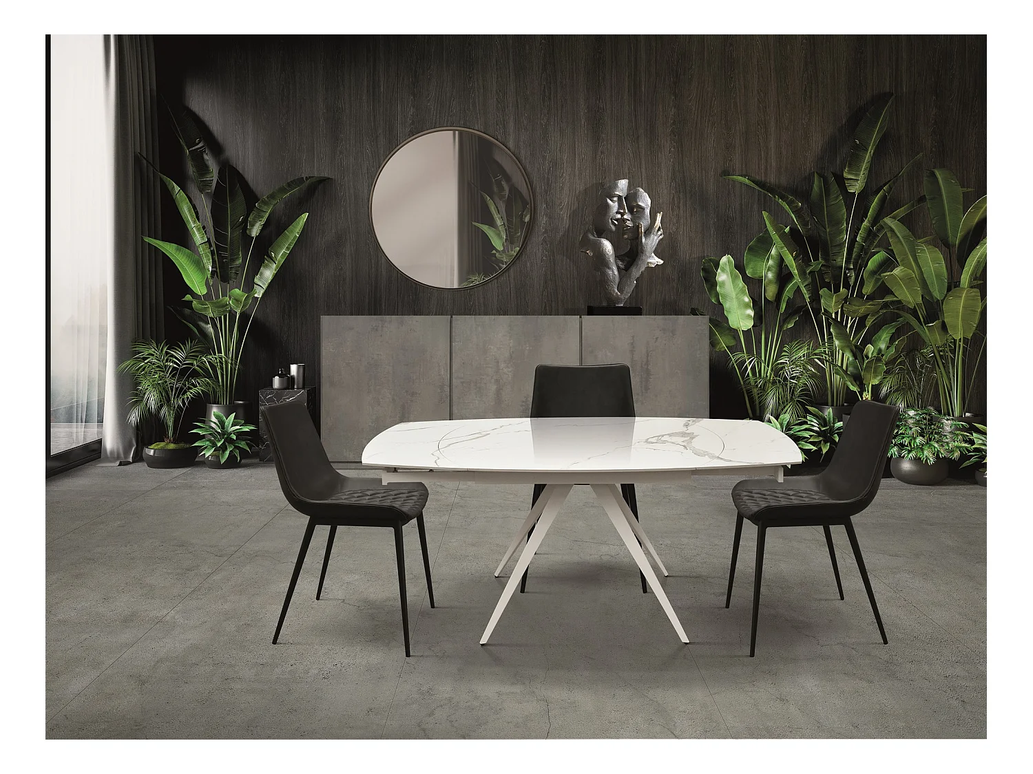 Marmer-glas-keramiek tafel, wit metaal, uitschuifbaar 120x90 - LAVEZZI