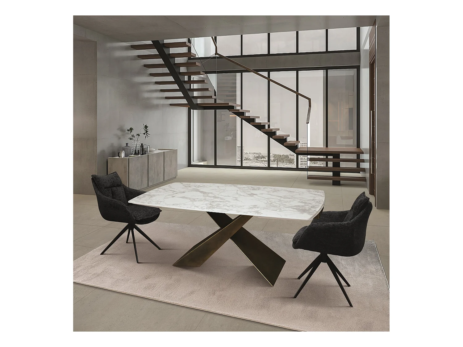 Table vitrocéramique blanche, pieds métal bronze 160x90-240x90cm - FIGARI