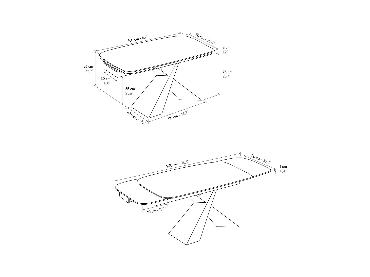 Table vitrocéramique blanche, pieds métal bronze 160x90-240x90cm - FIGARI