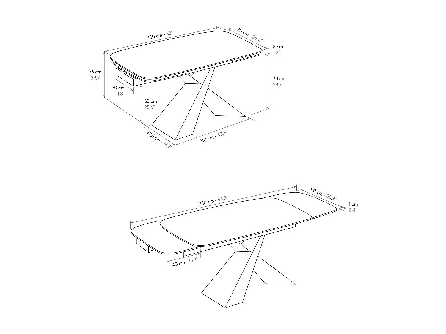Table vitrocéramique blanche, pieds métal bronze 160x90-240x90cm - FIGARI