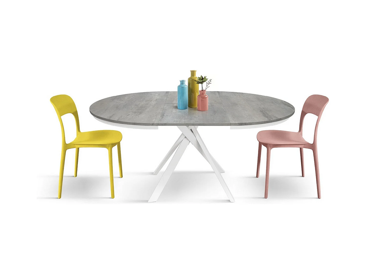 Table ronde gris ciment, pieds en métal blanc 120-170cm - PANTELLERIA