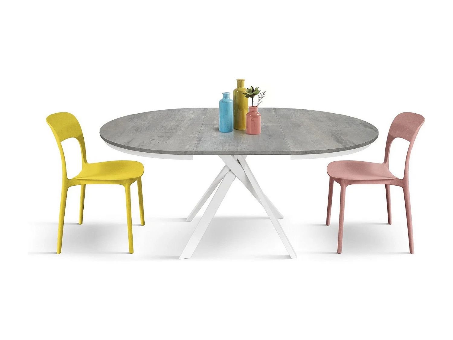 Runder Tisch zementgrau, weiße Metallbeine 120-170cm - PANTELLERIA