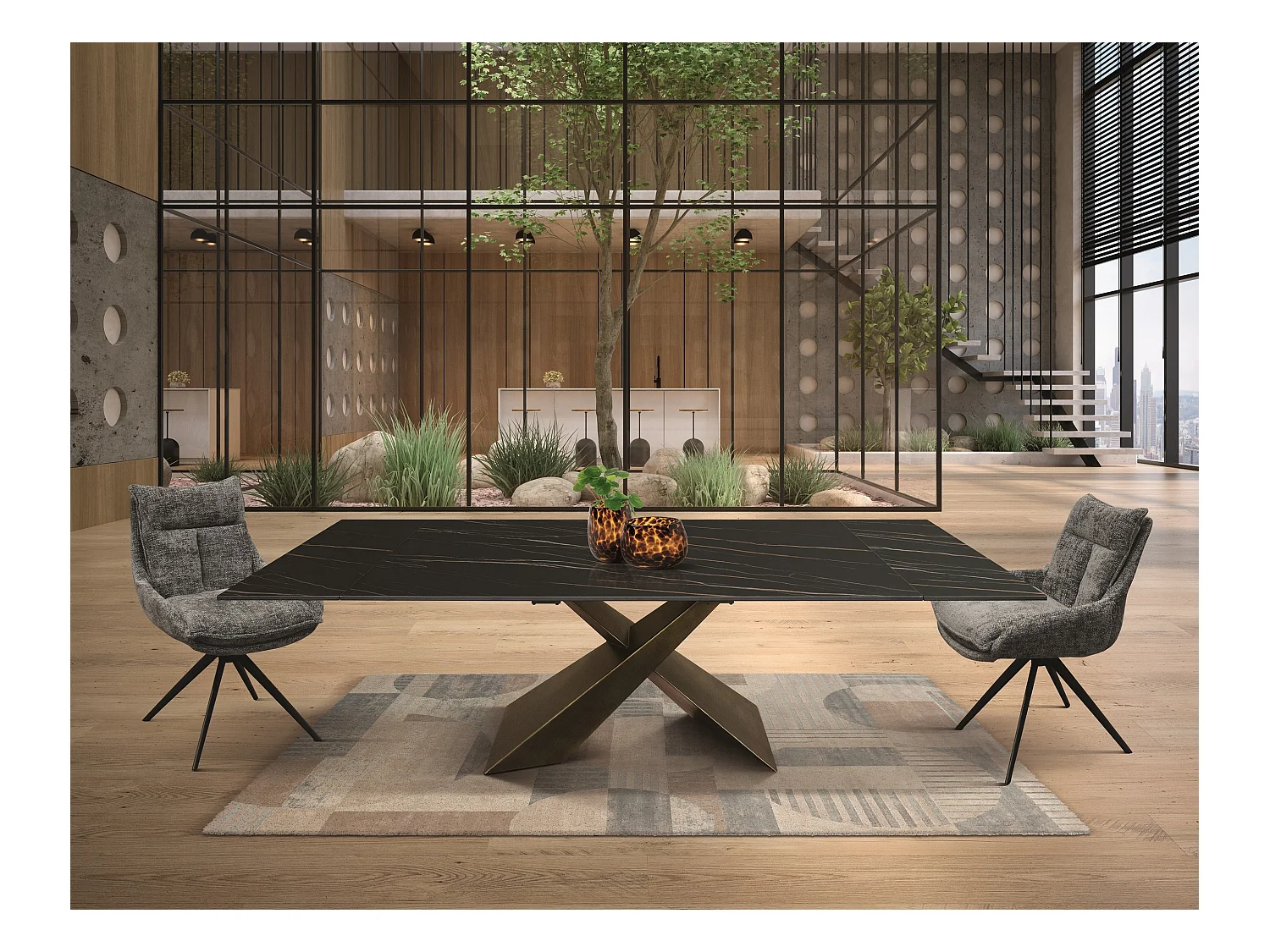 Gouden zwarte glaskeramiek tafel,brons metalen poten 180x90-260x90cm - FIGARI