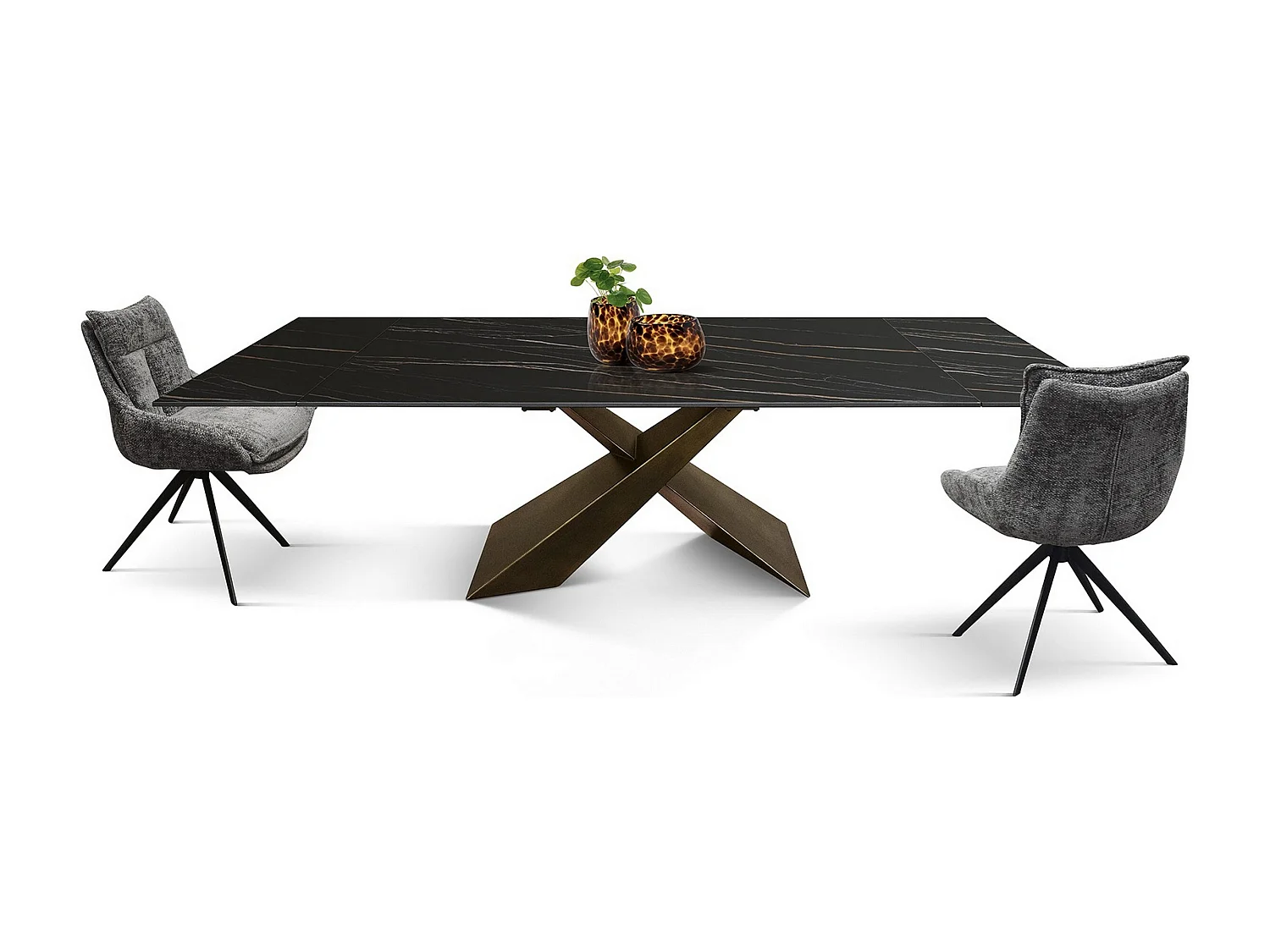 Table en vitrocéramique noire dorée, pieds en métal bronze 180x90-260x90cm - FIGARI