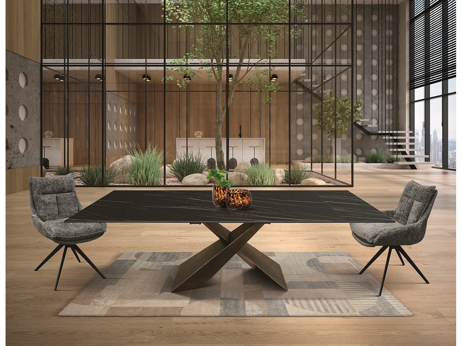 Table en vitrocéramique noire dorée, pieds en métal bronze 180x90-260x90cm - FIGARI