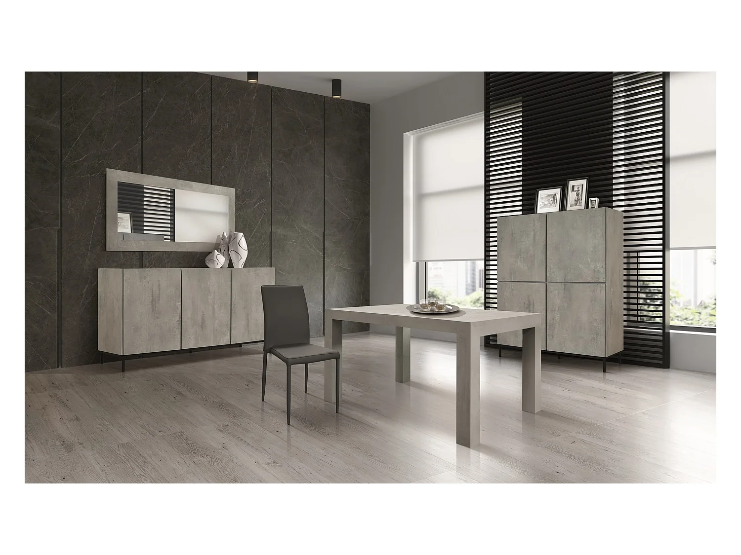 Table en bois, finition gris ciment, extensible 140x90 cm - MARZAMEMI