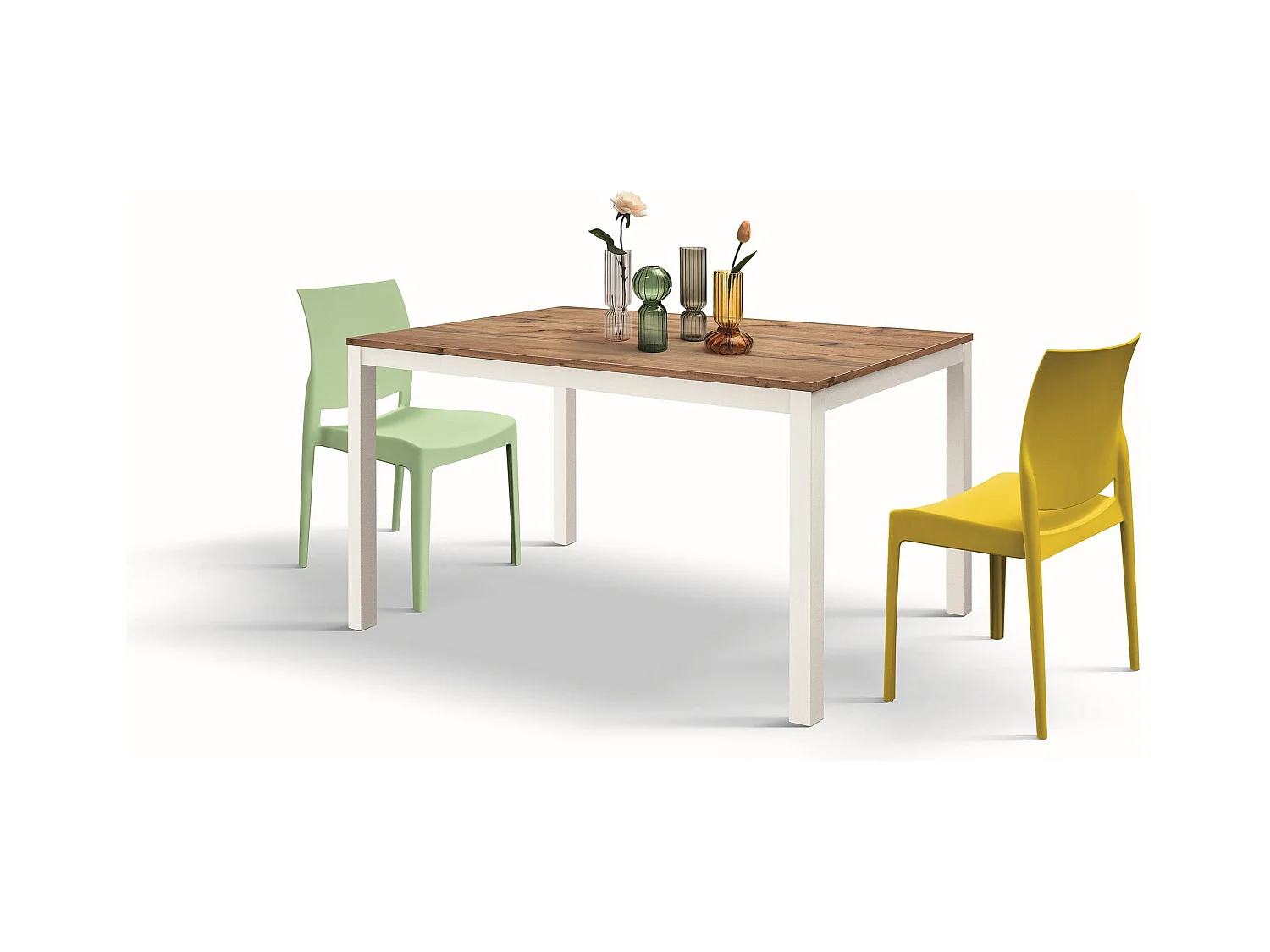 Table en bois, effet chêne, base blanche, ext.160x90-210x90cm - TROPEA