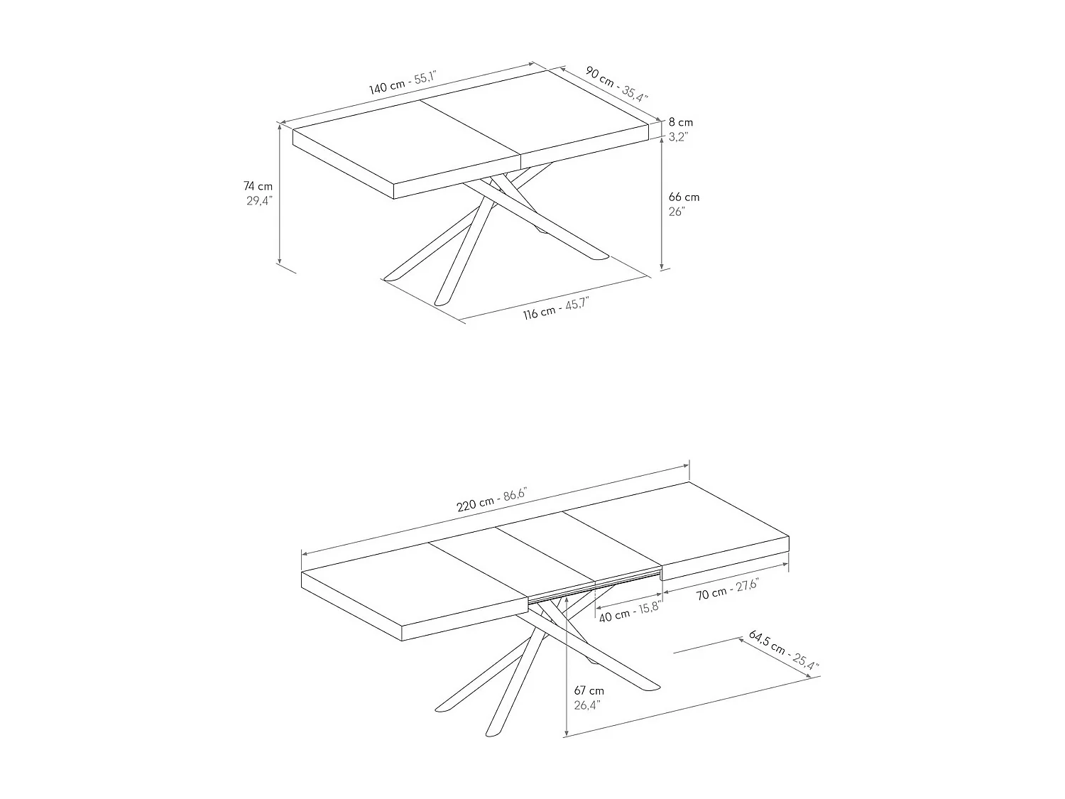 Table en bois, frêne blanc, base anthracite, ext.140x90-220x90cm - CARRARA