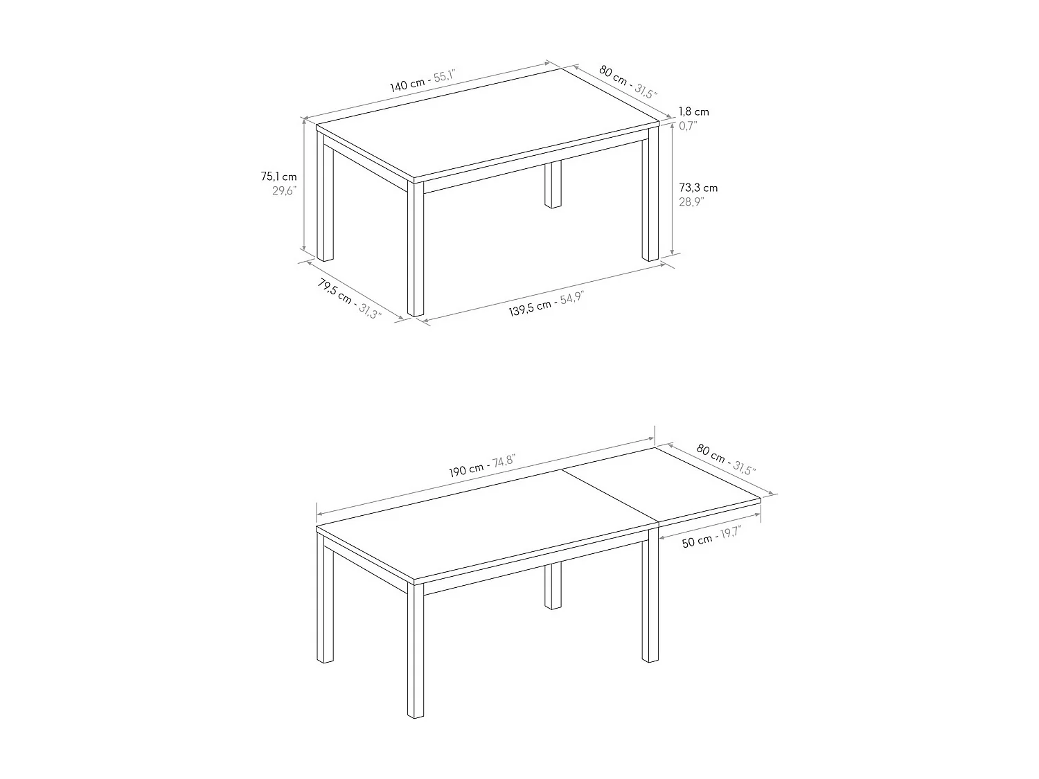 Mesa de madera,fresno blanco, base antracita, ext.140x80-190x80cm - TROPEA