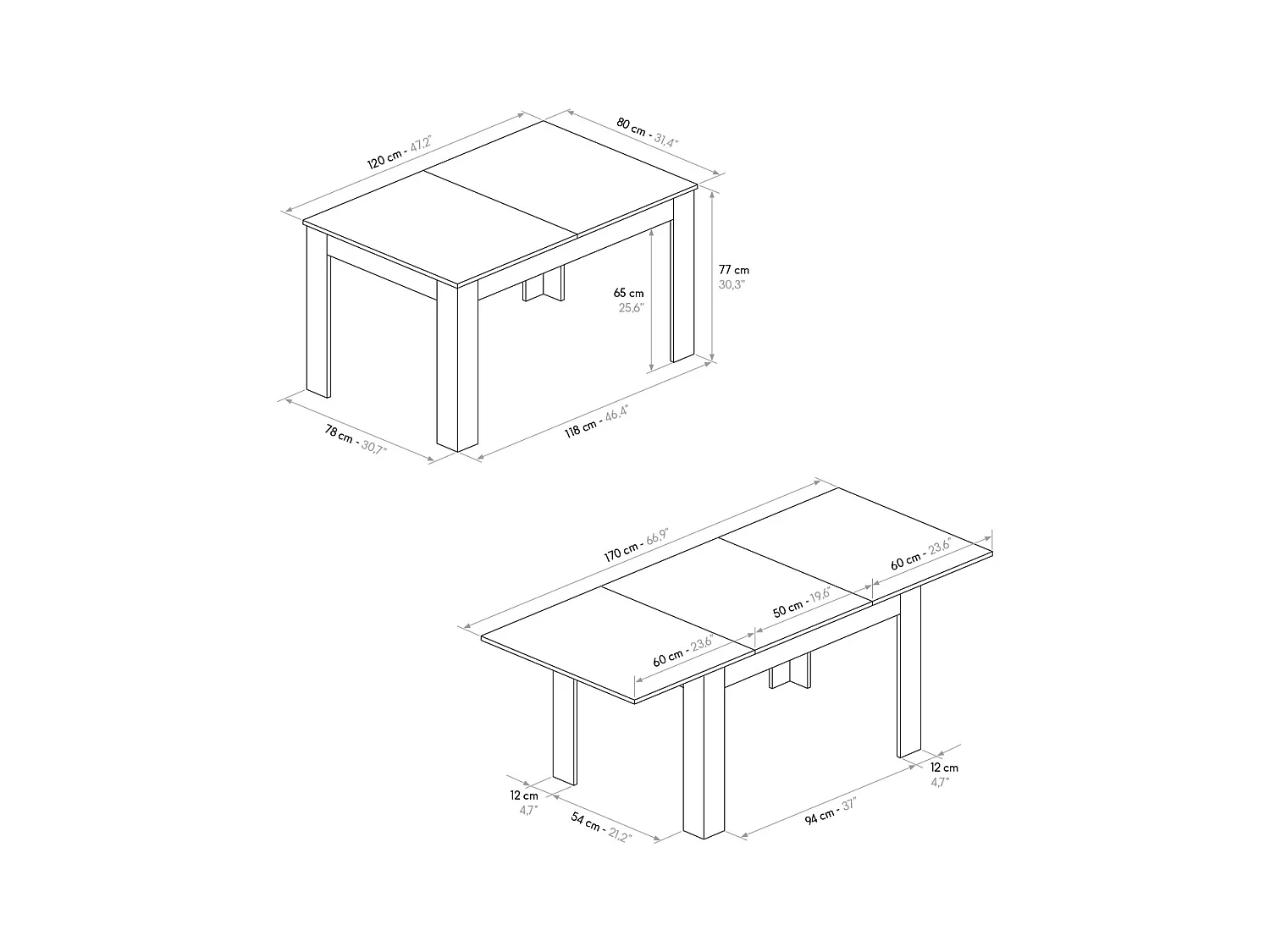 Zementgrau lackierter Holztisch, ausziehbar 120×80 - 170×80 - LIPARI