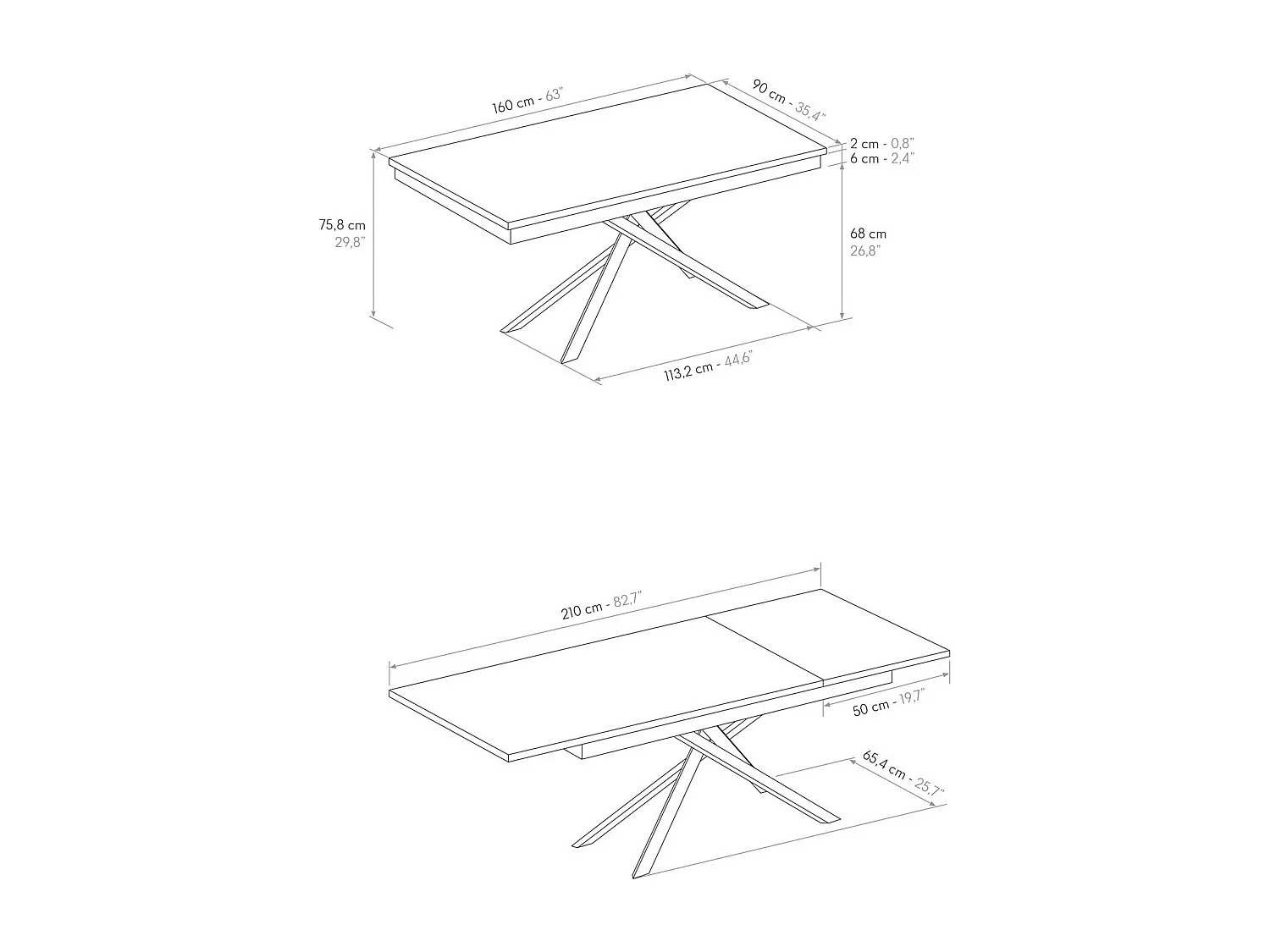 Table en frêne blanc, piètement anthracite, rallonge 160x90-210x90cm - VOLPAIA