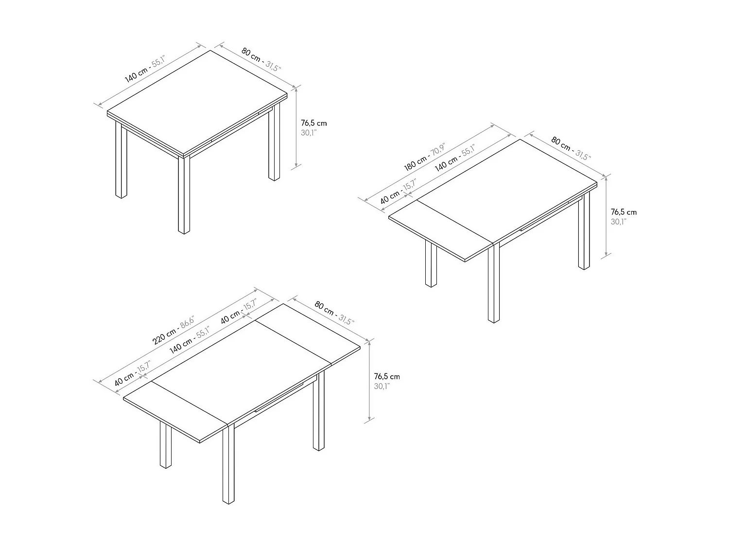 Stół drewniany z efektem dębu, nogi antracytowe, 140x80-220x80cm długości - POSITANO