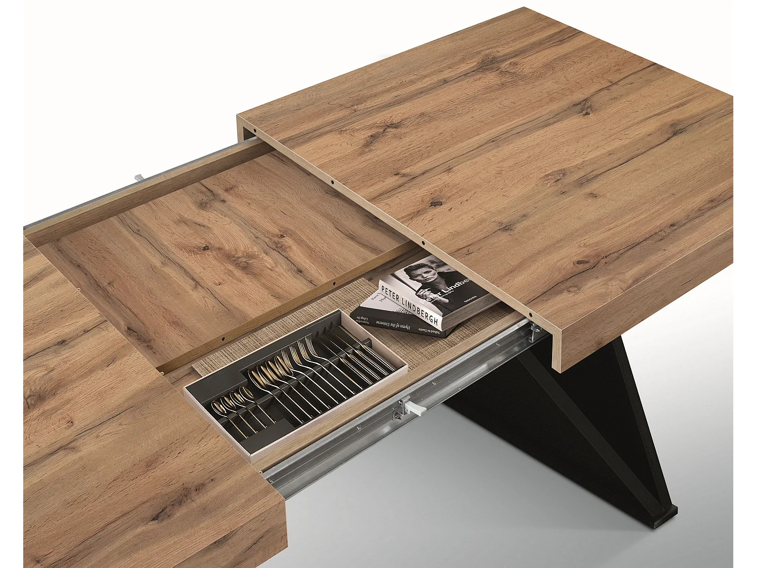 Table en bois, effet chêne, base anthracite, ext.160×90-240×90cm - VULCANO