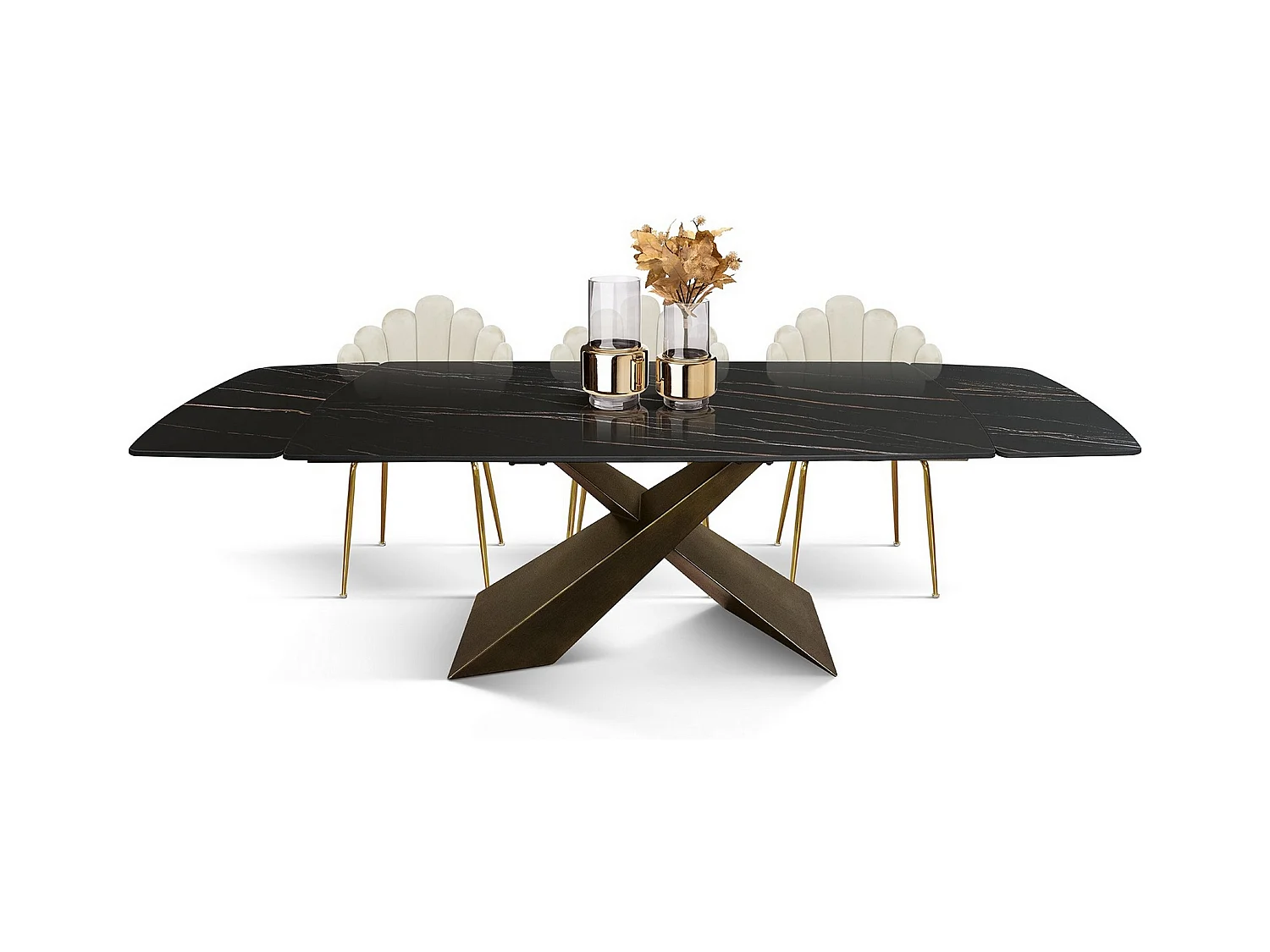 Table vitrocéramique noir doré, pieds métal bronze 160x90-240x90cm - FIGARI