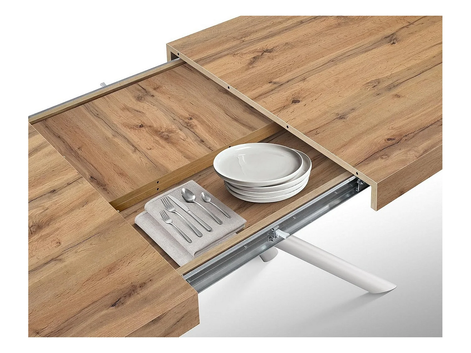 Table en bois, effet chêne, base blanche, ext.140x90-220x90cm - CARRARA