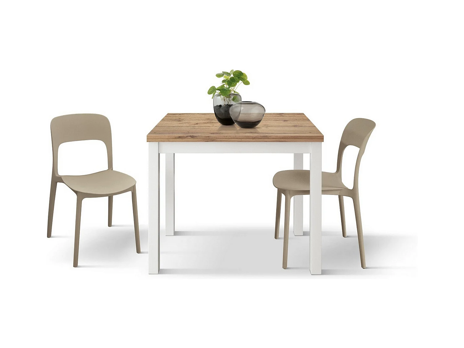 Table en bois effet chêne avec pieds blancs, 90x90-180x90cm - POSITANO