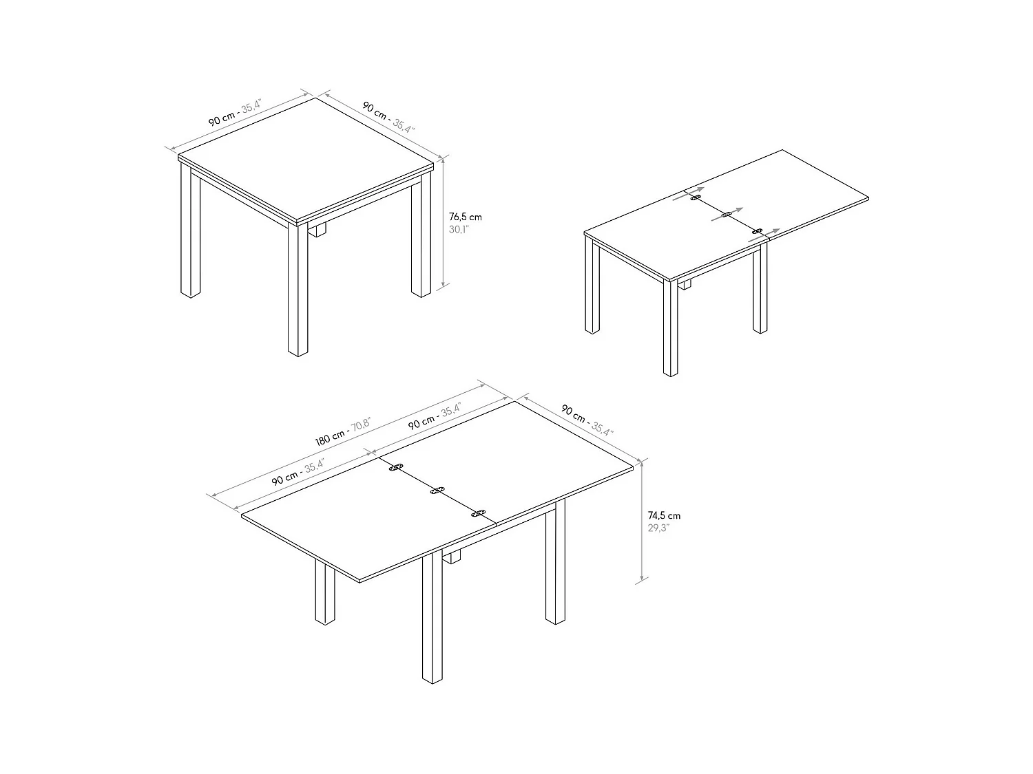 Table en bois effet chêne avec pieds blancs, 90x90-180x90cm - POSITANO