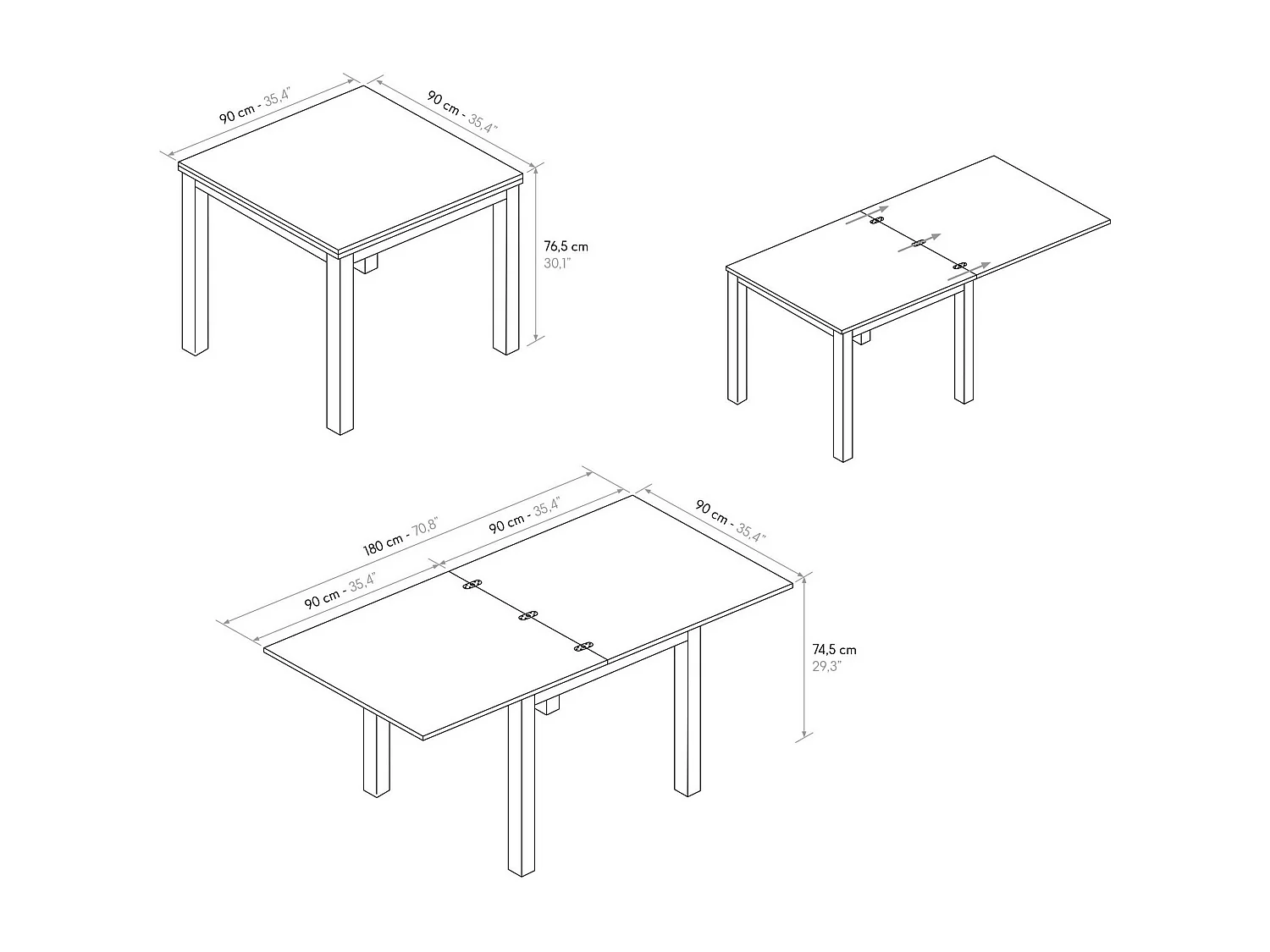 Holztisch in Eichenoptik mit weißen Beinen, 90x90-180x90cm - POSITANO