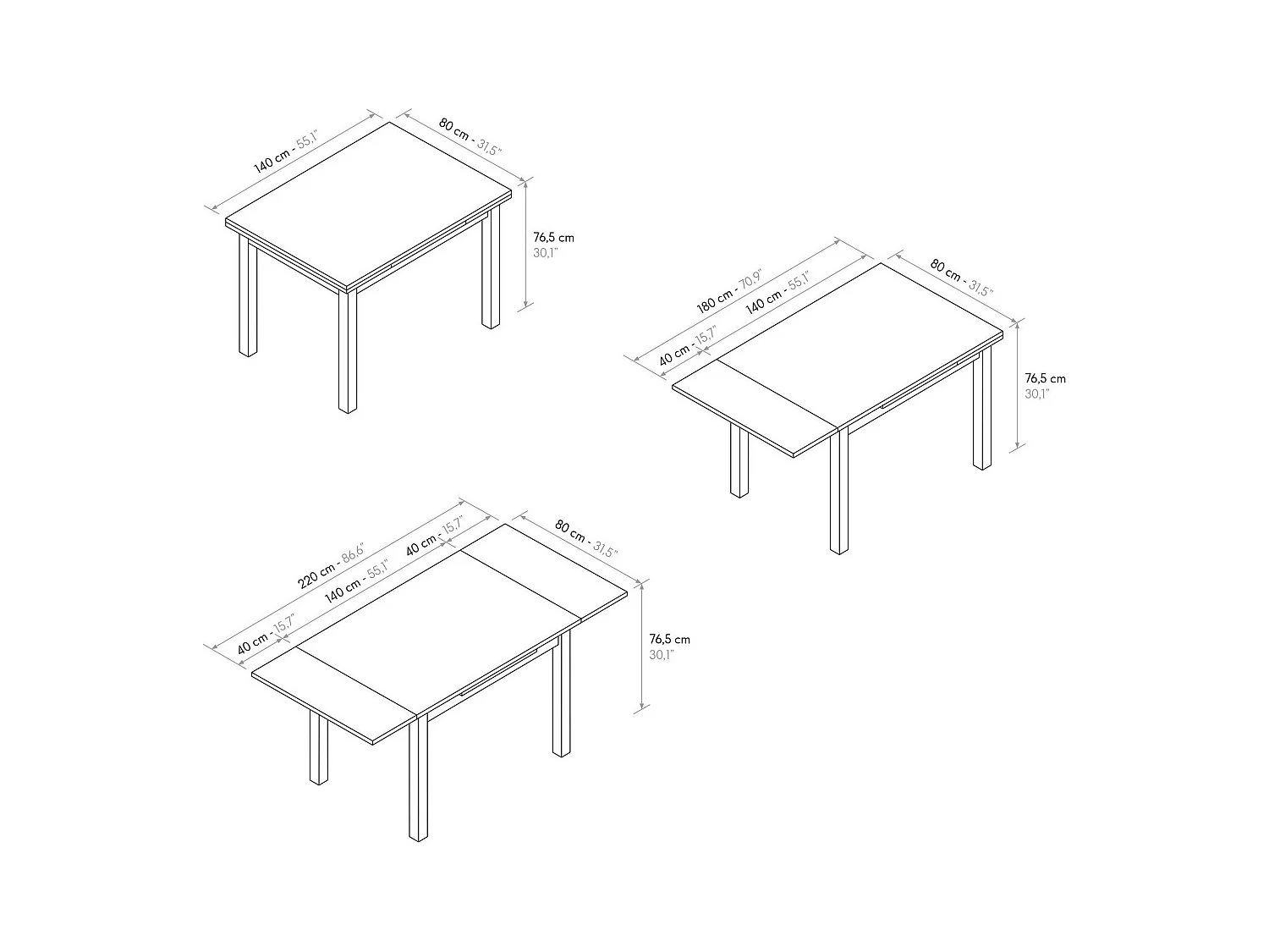 Holztisch in Eichenoptik mit weißen Beinen, 140X80-220x90cm lang - POSITANO