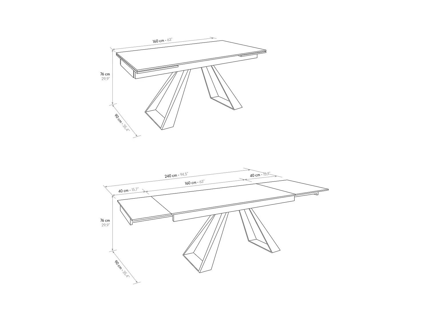 Mesa de vitrocerâmica preta, pernas de metal antracite 160x90-240x90cm - AJACCIO