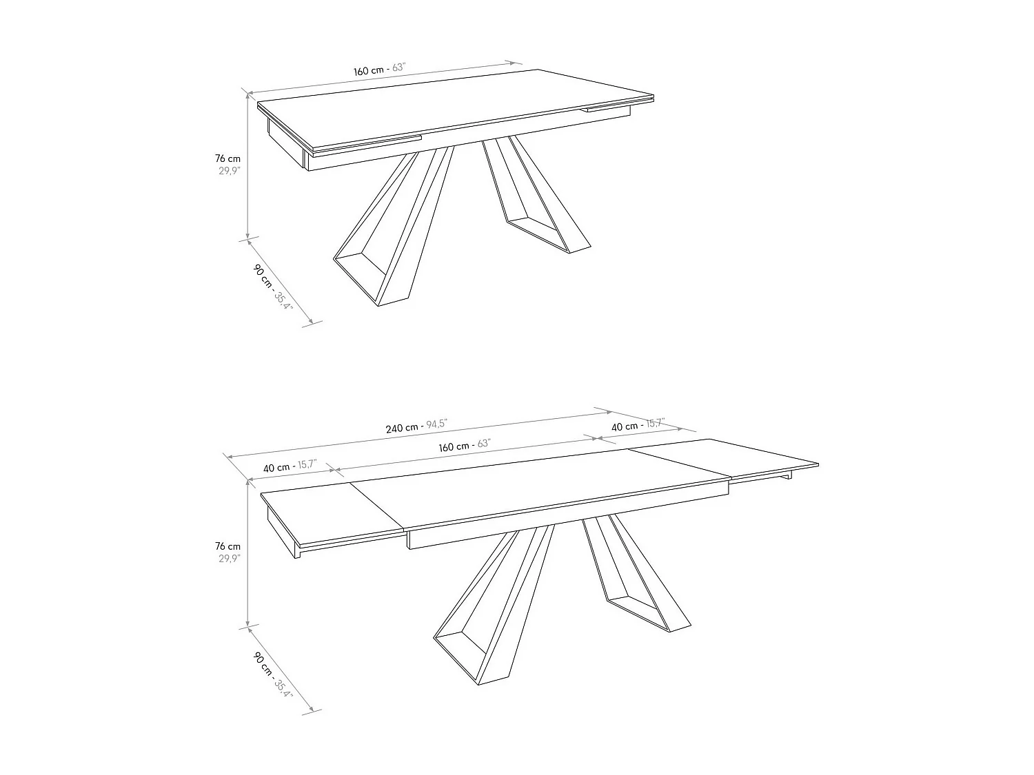 Table vitrocéramique noire, pieds métal anthracite 160x90-240x90cm - AJACCIO
