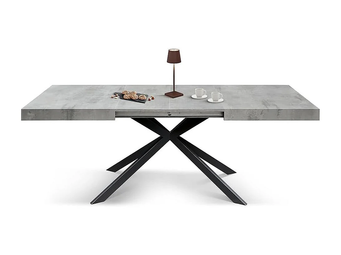 Table en bois, finition ciment, base X anthracite, extensible 140x90 - CAMAIORE