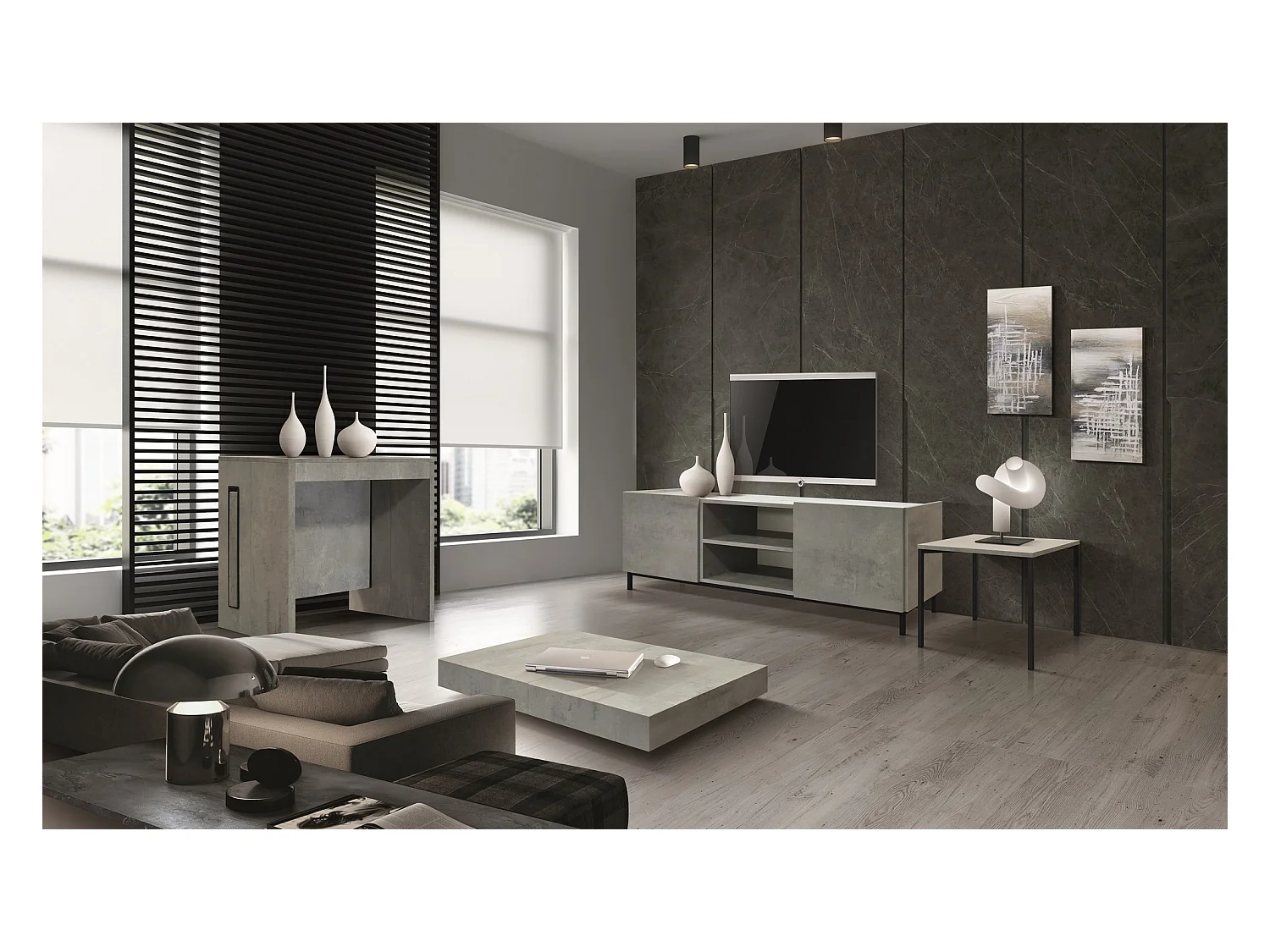 Table basse en bois, finition grise, base noire, convertible 120x80 - CAMOGLI