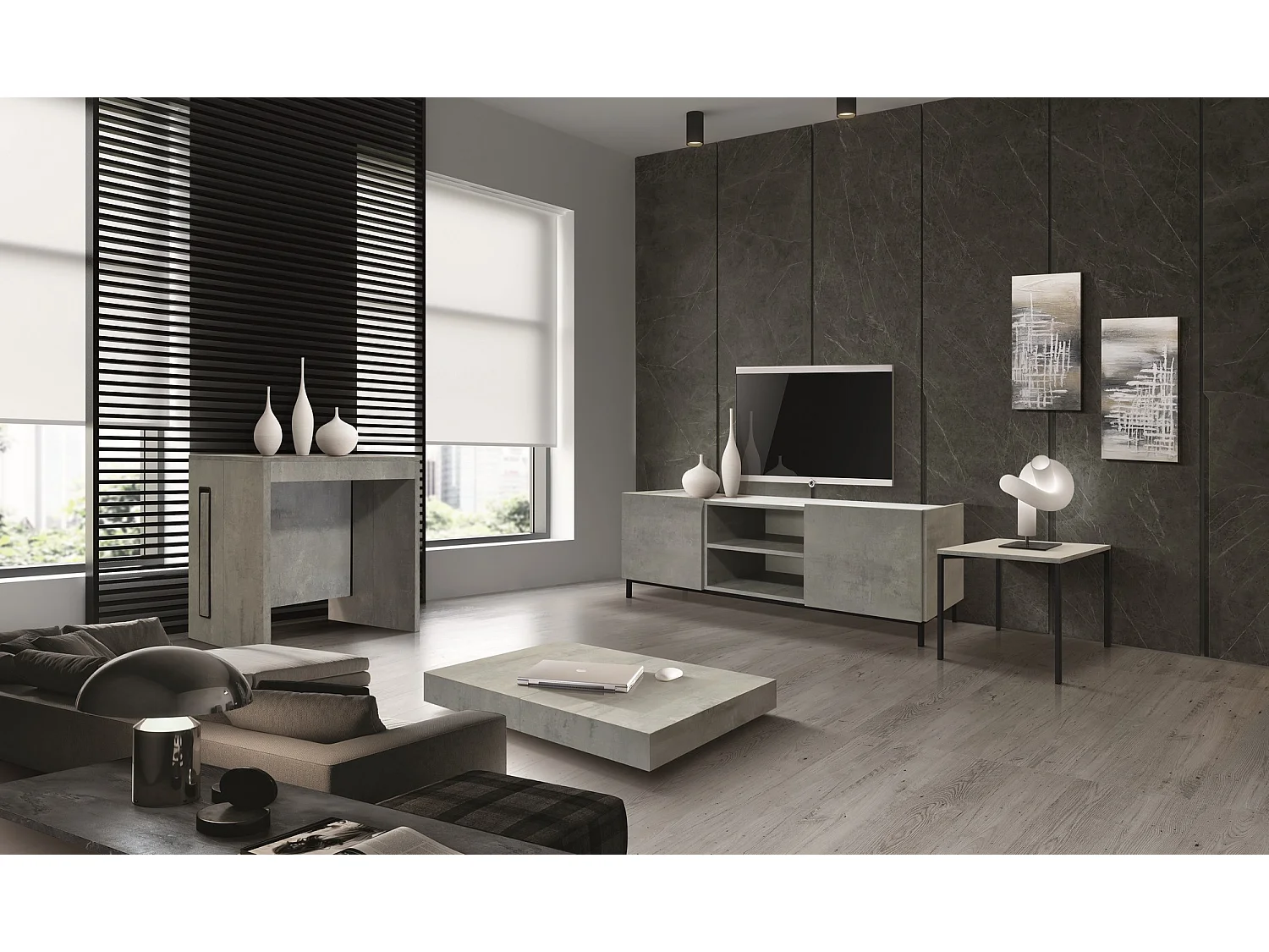 Table basse en bois, finition grise, base noire, convertible 120x80 - CAMOGLI