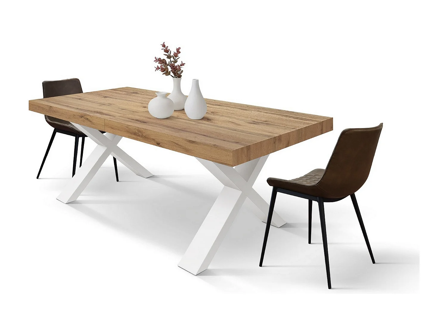 Houten tafel met eikenhouten effect, witte poten, uitschuifbaar 160x90-240x90 cm - AMALFI