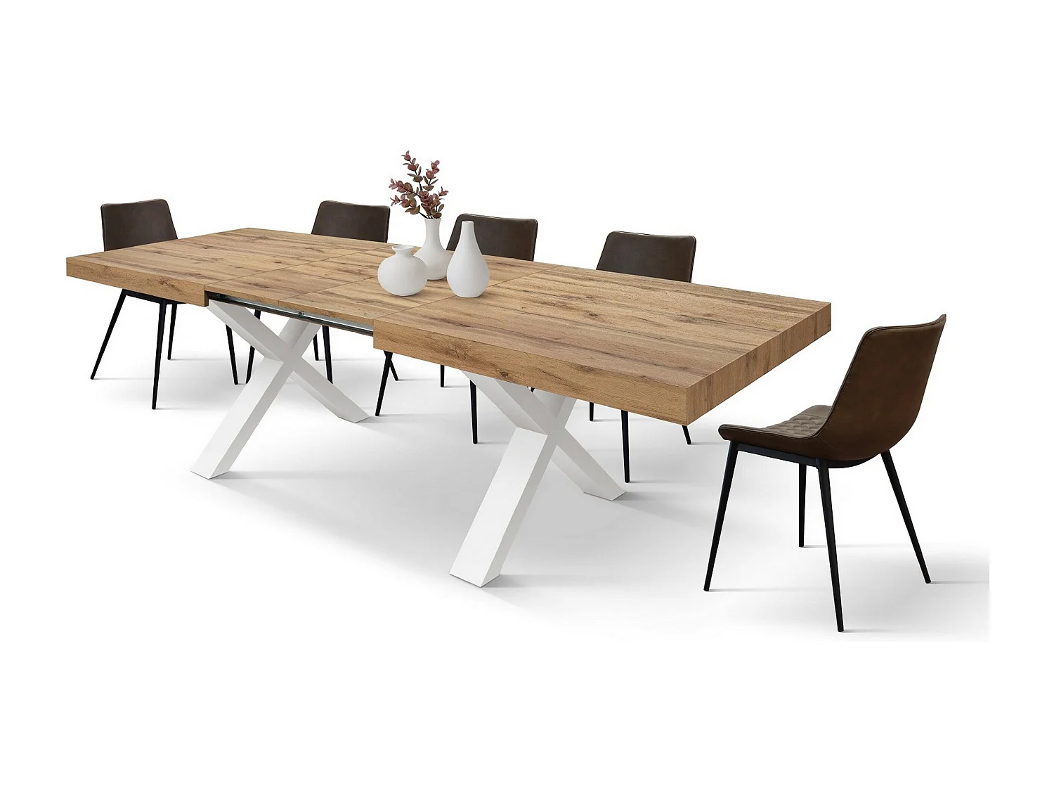 Houten tafel met eikenhouten effect, witte poten, uitschuifbaar 160x90-240x90 cm - AMALFI
