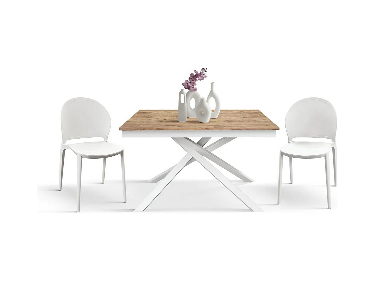 Holztisch, Eiche-Effekt, weiße Basis, 120x80-170x80cm - VOLPAIA